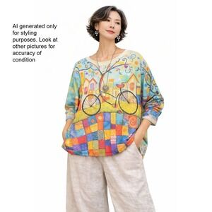 Art to Wear Whimsical Bicycle Houses Lagenlook Dolman Sleeve Knit Sweater Med‎